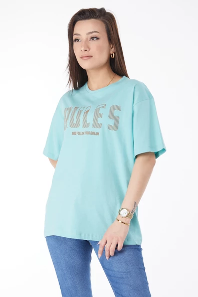 Düz Bisiklet Yaka Kadın Yeşil Kısa Kollu Baskılı T-shirt - 24631