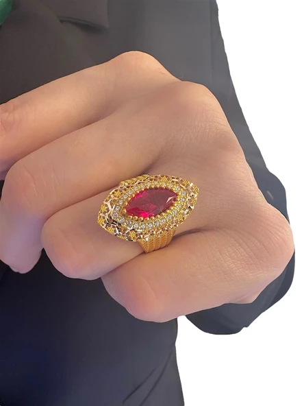 Yakut Taşlı Kalemli Maraş Usulü Mekik 8 Ayar Altın Yüzük - 2