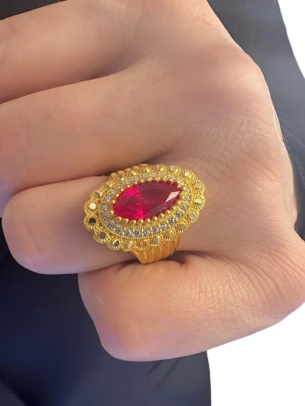 Yakut Taşlı Noktalı Motif Maraş Usulü Mekik 8 Ayar Altın Yüzük - 2
