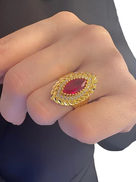 Yakut Taşlı Burgu Desenli Maraş Usulü Mekik 8 Ayar Altın Yüzük - 2