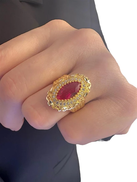 Yakut Taş Telkari İşleme Maraş Usulü Mekik 8 Ayar Altın Yüzük - 2