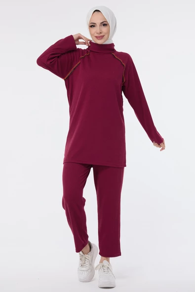 Düz Balıkcı Yaka Kadın Bordo Tunik Pantolon - 23697