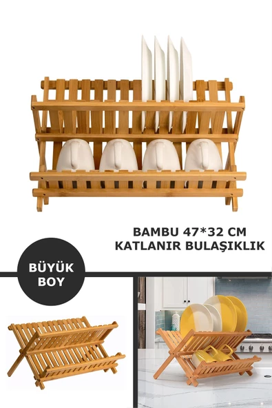 Nishev 2 Katlı Bambu Katlanabilir Tabaklık Bulaşıklık Büyük Boy Mutfak Bulaşık Kurutma Rafı 47x32 cm