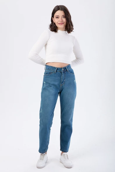 Düz Orta Kadın Yeşil Yüksek Bel Mom Jeans - 23668