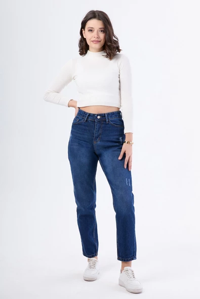 Düz Orta Kadın Mavi Yüksek Bel Mom Jeans - 23668