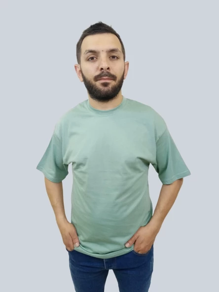 Erkek Simple Bisiklet Yaka Mint Yeşili Tişört - 5