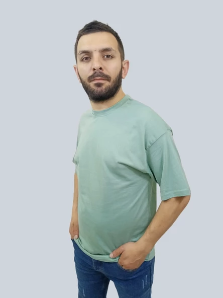 Erkek Simple Bisiklet Yaka Mint Yeşili Tişört - 2