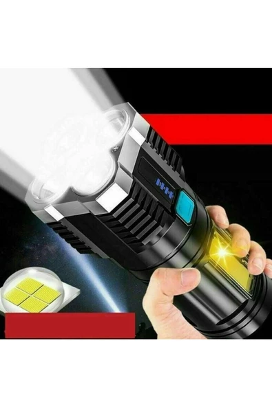 Ultra Parlak El Feneri Usb Şarj 4 Led+yan Cob Led Taktik Günlük Hayat Kamp Avcılık El Feneri - 5