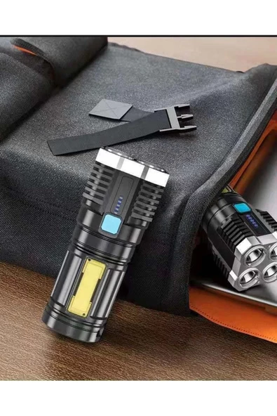 Ultra Parlak El Feneri Usb Şarj 4 Led+yan Cob Led Taktik Günlük Hayat Kamp Avcılık El Feneri - 4