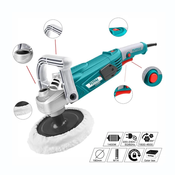 Total TP1141806 Polisaj Makinesi Elektrikli Kablolu 180 mm 1400 W Far Parlatma Pasta Cila Kaporta - 2