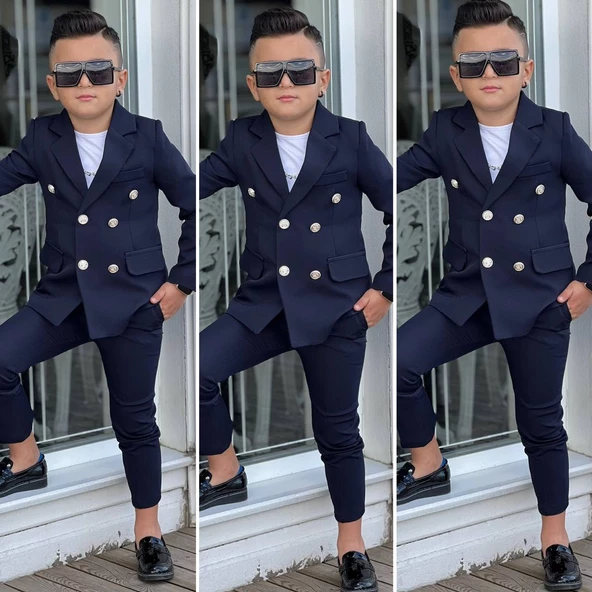 MODAVALS 4 PARÇA 6 DÜĞMELİ CEKETLİ ERKEK ÇOCUK TAKIM ELBİSE - BEYAZ TSHIRT - 4