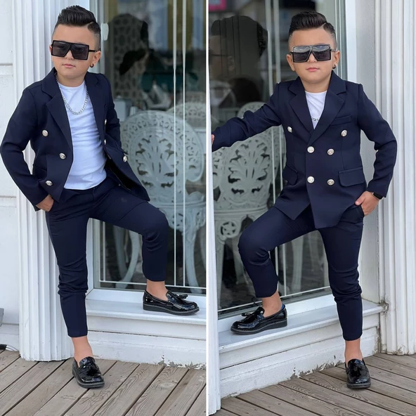 MODAVALS 4 PARÇA 6 DÜĞMELİ CEKETLİ ERKEK ÇOCUK TAKIM ELBİSE - BEYAZ TSHIRT - 5