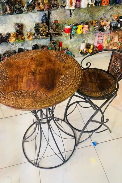 Masa Ferforje El İşi Ahşap Masa Bar Masası 2 Sandalye - Resim 3