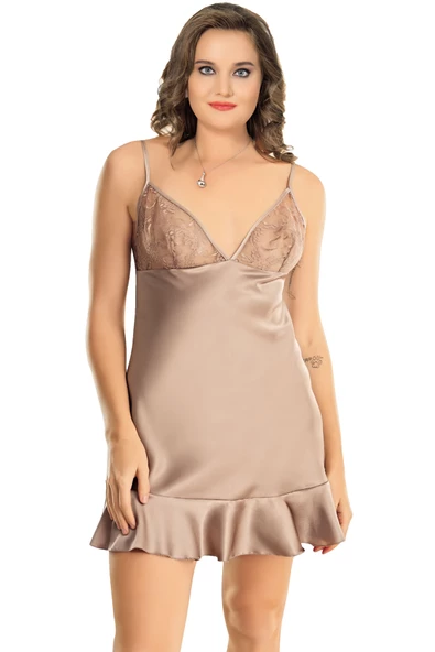 İp Askılı Tül Göğüs Detaylı Kısa Saten Battal Gecelik 10203 - 2