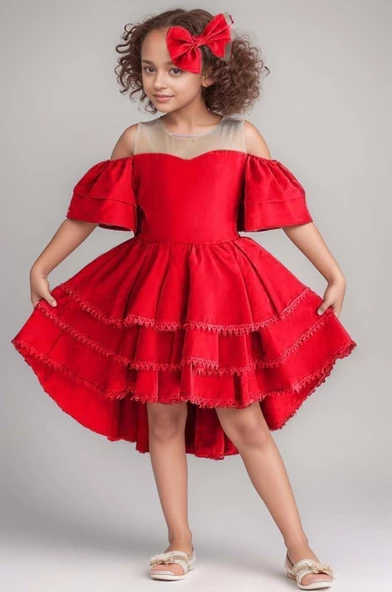 Kız Çocuk Düşük Omuzlu Transparan Yaka Eteği KatKat Dantel İşlemeli Kuyruk Detaylı Kırmızı Elbise ürün görseli