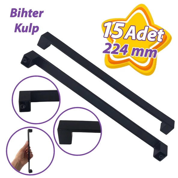 15 Adet Bihter Düz Kulp 224 mm Siyah Mutfak Kulpu Çekmece Dolap Kapak Kulbu Metal Mobilya Dolabı Kulpları