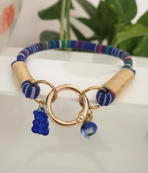 Büyük Kedi Köpek Boyun Tasması Bohem Kedi Kolyesi Yaylı Kilit 25cm - Mavi - 4