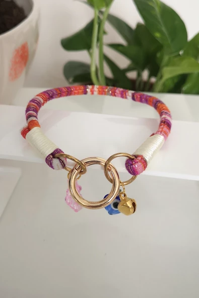 Zilli Kedi Köpek Boyun Tasması Bohem Kedi Kolyesi Yaylı Kilit - Simli Pembe - 7