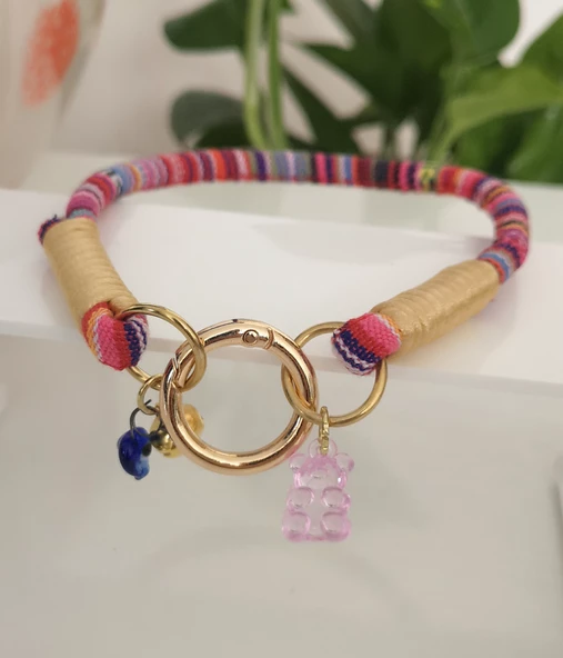 Büyük Kedi Köpek Boyun Tasması Bohem Kedi Kolyesi Yaylı Kilit 25cm - Pembe - 2