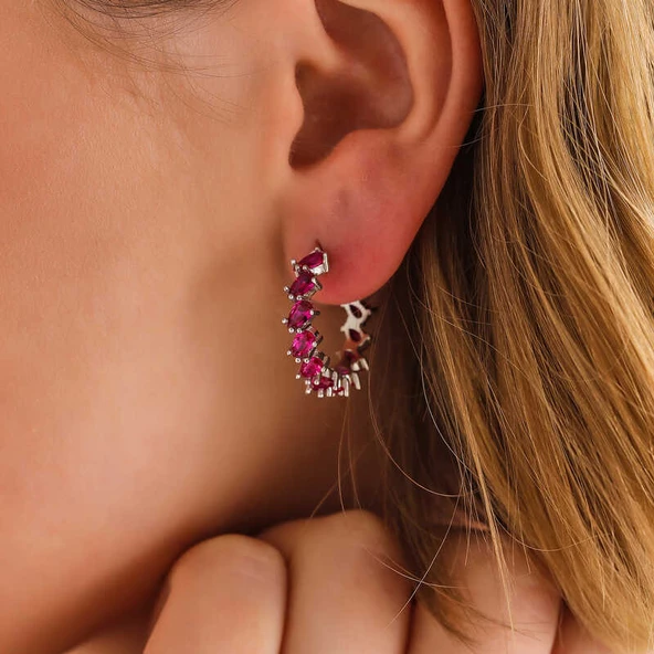 Gümüş Pembe Taşlı Damla Çivili Kadın Küpe - Resim 2