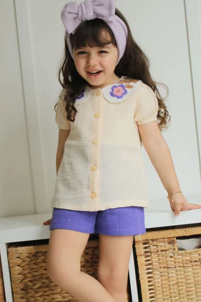Kısa Kollu Mor Yakası Motifli Kız Çocuk Şortlu Takım - 2