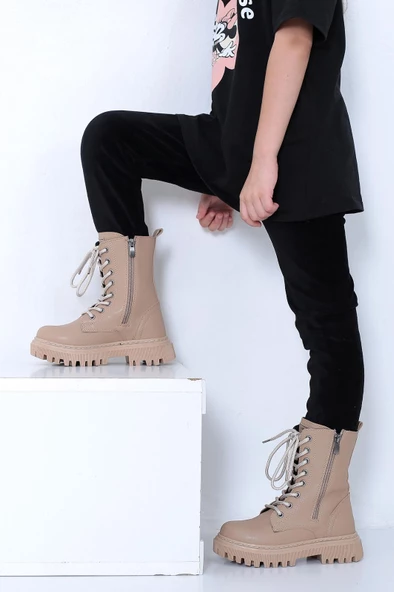 Lady Classy Kız Çocuk Bej Yanı Fermuar Detaylı Bağcıklı ve Fermuarlı Bot - 2