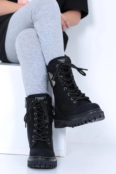 Lady Classy Kız Çocuk Fermuarlı Toka Detaylı Siyah Yanı Şerit Bot - 4
