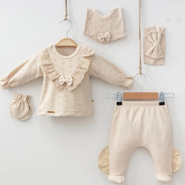 Yakası Dantelli Kız Bebek Zıbın Set 5 Parça - 8