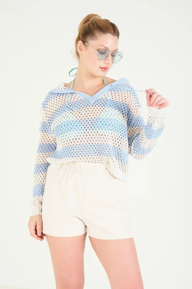 Kadın Kapüşonlu File Bluz Mavi - 3