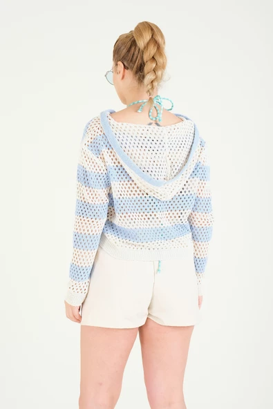 Kadın Kapüşonlu File Bluz Mavi - 6