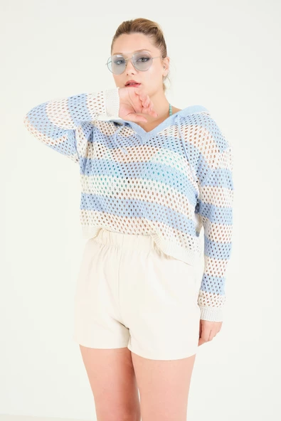 Kadın Kapüşonlu File Bluz Mavi - 4