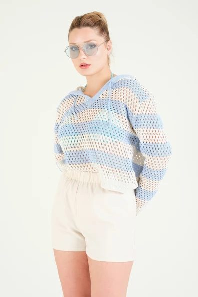 Kadın Kapüşonlu File Bluz Mavi - 5