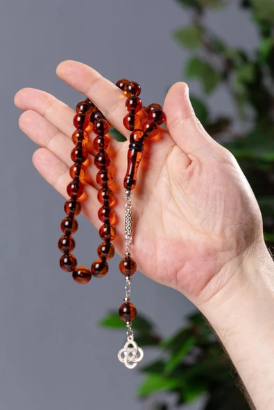 İri Taneli Kızıl Renk Çay Fosilli Toz Kehribar Tesbih - 3