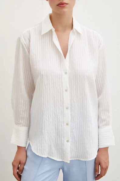 Çizgi Desenli Gömlek Beyaz - Resim 2