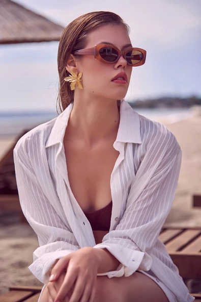 Çizgi Desenli Gömlek Beyaz - Resim 5