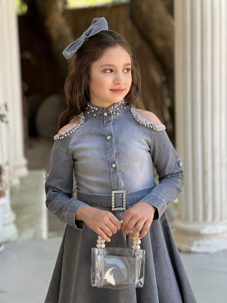 Uğurböceğiçocuk Omuz Taşlı Püsküllü Kız Çocuk 5 Parça Kot Elbise - 8