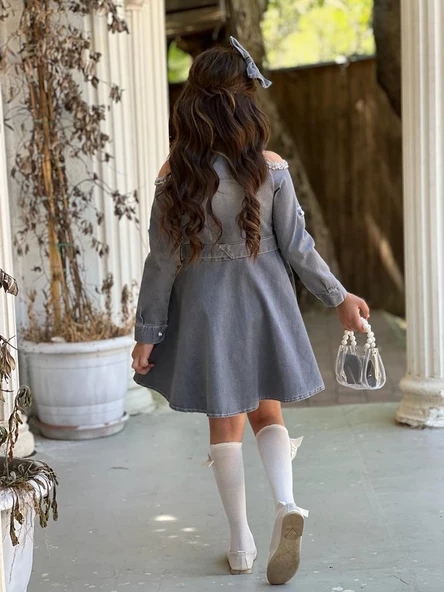 Uğurböceğiçocuk Omuz Taşlı Püsküllü Kız Çocuk 5 Parça Kot Elbise - 7