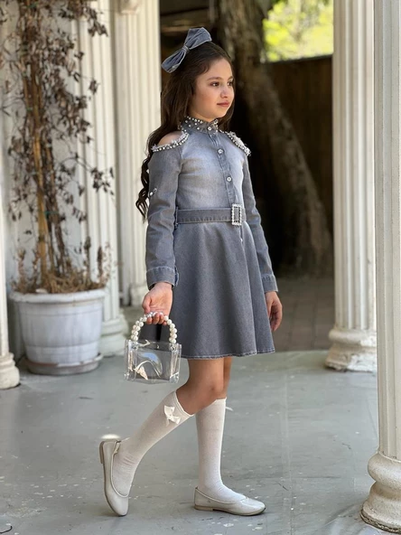 Uğurböceğiçocuk Omuz Taşlı Püsküllü Kız Çocuk 5 Parça Kot Elbise - 12