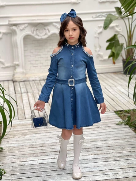 Uğurböceğiçocuk Omuz Taşlı Püsküllü Kız Çocuk 5 Parça Kot Elbise - 10