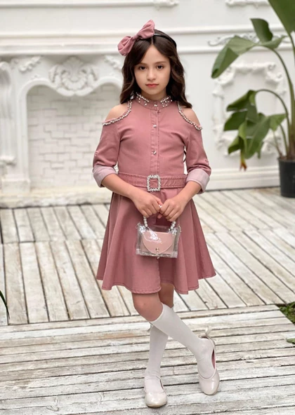 Uğurböceğiçocuk Omuz Taşlı Püsküllü Kız Çocuk 5 Parça Kot Elbise - 6