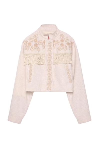 Nakış Detaylı Püsküllü Keten Ceket Naturel - 2