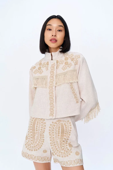 Nakış Detaylı Püsküllü Keten Ceket Naturel