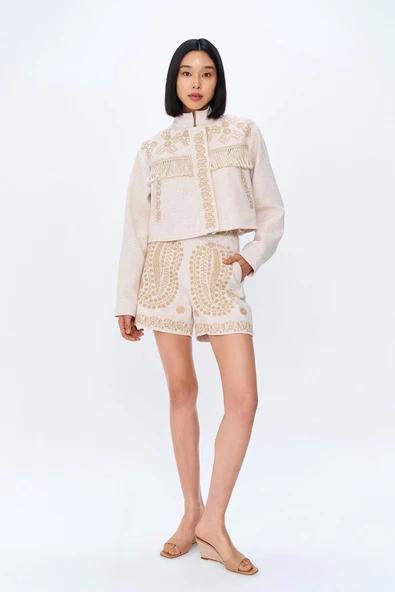 Nakış Detaylı Püsküllü Keten Ceket Naturel - 3