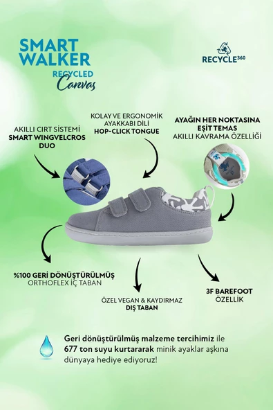 Hopfrög Kids Smart Walker Recycled Canvas Eco Gri Barefoot Çocuk Ayakkabı - 2