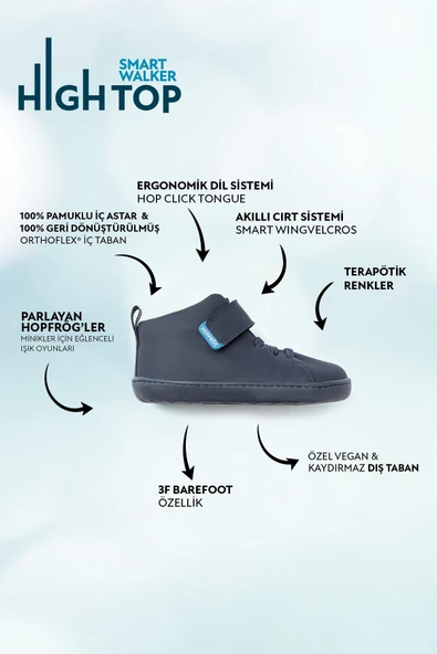 Hopfrög Kids Smart Walker High Top Süper Mat Lacivert Barefoot Çocuk Bot - 2