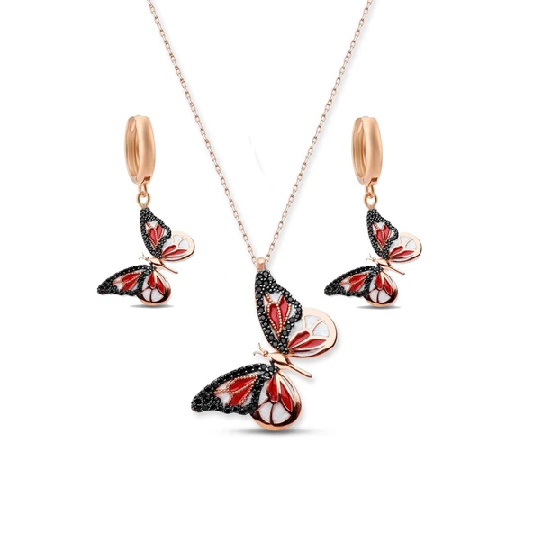 925 Ayar Gümüş Masumiyet Kelebek Kolye Küpe Set - 2