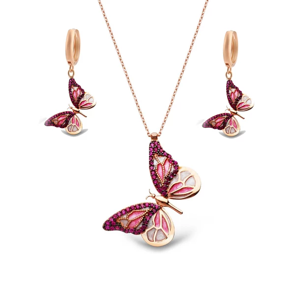 925 Ayar Gümüş Masumiyet Kelebek Kolye Küpe Set - 3