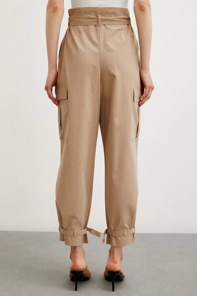 Bel Pileli Kargo Cep Pantolon Bej - Resim 6