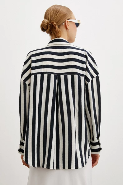 Poplin Çizgili Gömlek Ekru - Resim 6