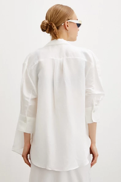 Fakir Kol Keten Gömlek Beyaz - Resim 2